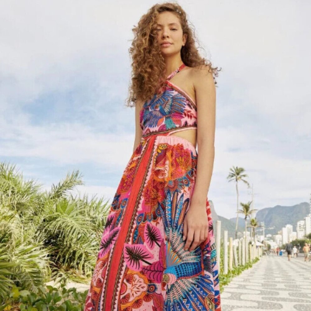 Farm Rio Anthropologie Macaw Scarf Cutout Maxi Sundress Dress XL NWT $290 - Picture 7 of 16